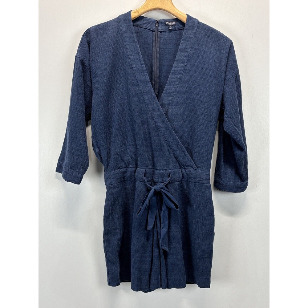 Madewell Linen Blend Kimono Short Romper Sz Small Women's Blue Belted One Piece